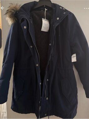 GAP Navy Women's Parka with Faux-Fur Trim Hood